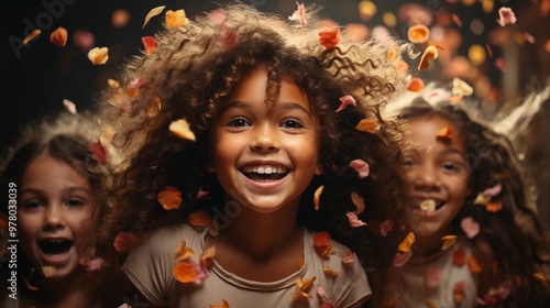 Group of Children Friends. Happy multicultural kids having fun celebrating birthday party together with confetti. Children's birthday concept.