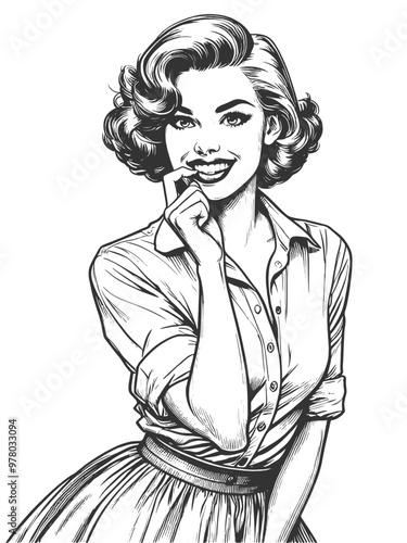 Playful smiling beautiful young woman flirty biting her little finger sketch engraving generative ai fictional character vector illustration. Scratch board imitation. Black and white image.