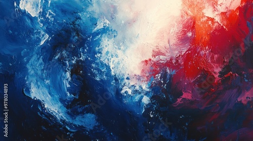 Abstract Painting with Blue, White, and Red Swirls photo