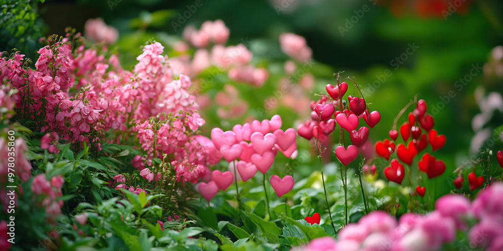 Obraz premium Secret Garden of Hearts: A lush, green garden filled with pink and red flowers, symbolizing love in every bloom.