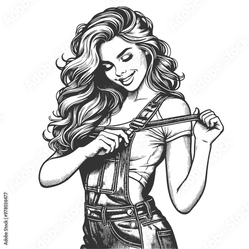 Playful smiling beautiful young woman in denim overalls unbuttoning one strap with a flirty smile sketch engraving generative ai vector illustration. Scratch board imitation. Black and white image.