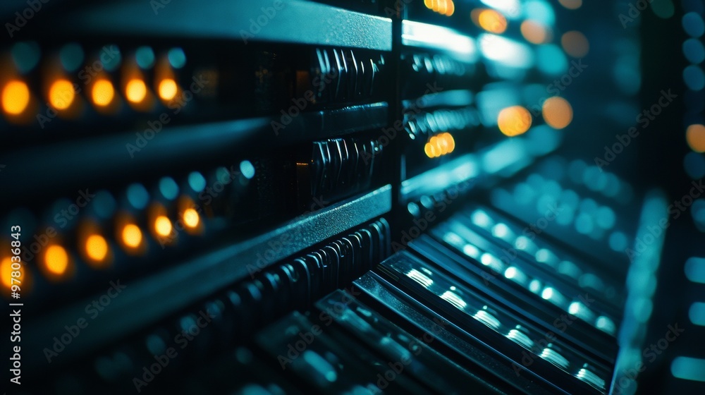 Close-up of illuminated server racks in a data center Close-up of illuminated server racks in a data center