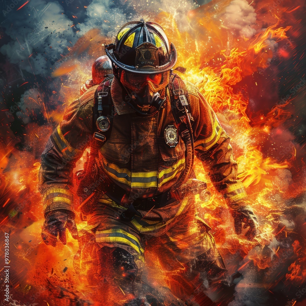 Fototapeta premium Heroic Firefighter Confronting Raging Flames in a Dramatic Rescue