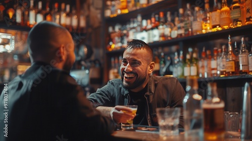 Friends enjoying drinks and laughter at a lively bar