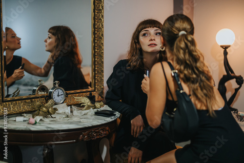 A young woman applies makeup in front of an ornately framed mirror, capturing a moment of elegance and reflection. The setting conveys a sense of vintage charm and sophistication. photo