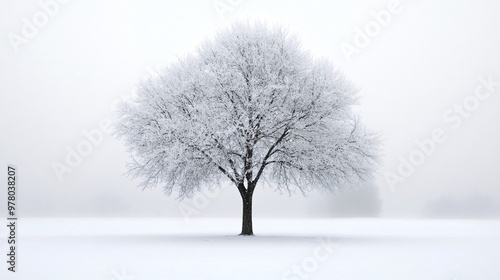 A lone tree covered in snow, standing in a quiet, snowy field.