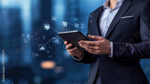 Wallpaper Mural A man in a suit holding an electronic tablet with icons on it, AI Torontodigital.ca