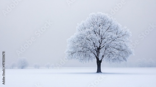 A lone tree covered in snow, standing in a quiet, snowy field.