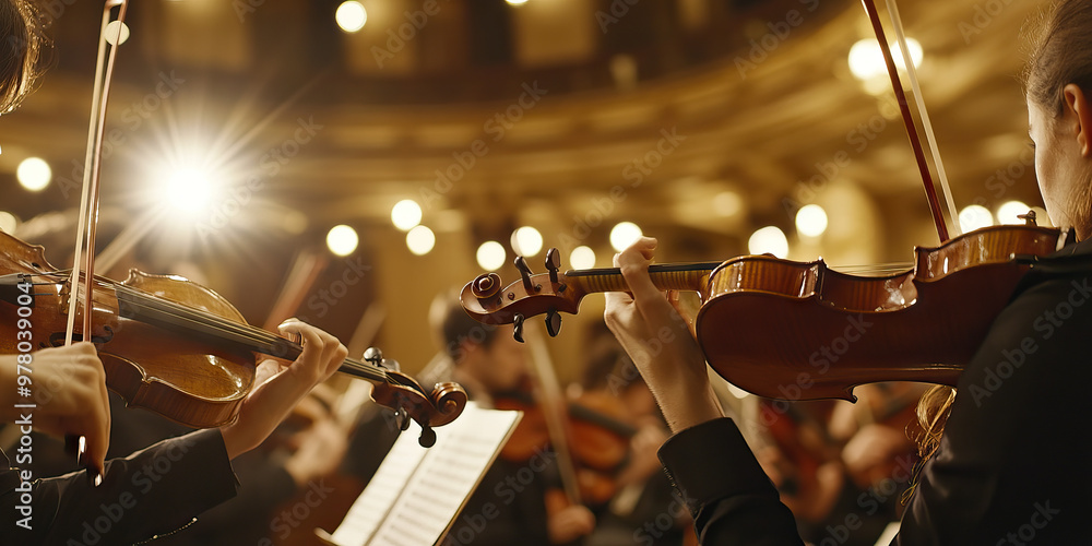 Fototapeta premium An orchestra rehearsing in a grand hall, their instruments gleaming under soft spotlights.