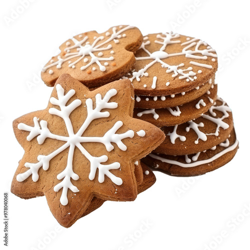 Christmas gingerbread cookies forming a delicious stack with white icing on white background