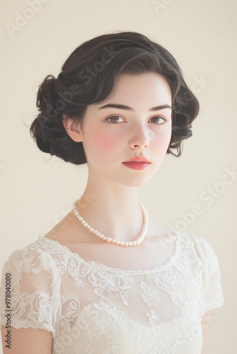 Elegant young woman in vintage dress with pearls indoors