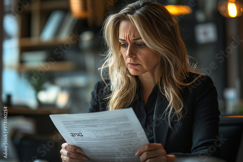 Woman Looking at Tax Form with a Worried Expression photo