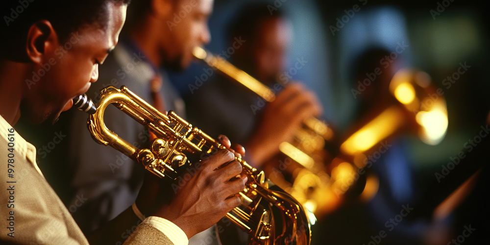 Obraz premium Jazz Jamboree: Musicians jamming together informally, their instruments almost tangled in a warm embrace.