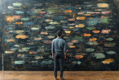 Man facing a chalkboard filled with multiple abstract marks and smudges symbolizing confusion uncertainty and the complexity of navigating unknown territories in business or personal life decision