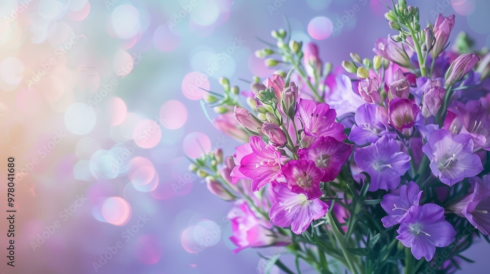Pink and purple flowers bouquet with bokeh background, close-up, vibrant spring floral arrangement for greeting cards Pink and purple flowers bouquet with bokeh background, close-up, vibrant spring floral arrangement for greeting cards