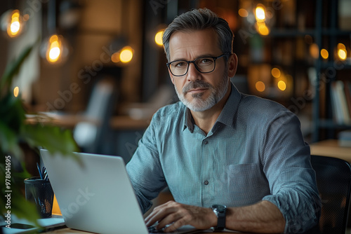 Focused Man Working on Laptop in Office