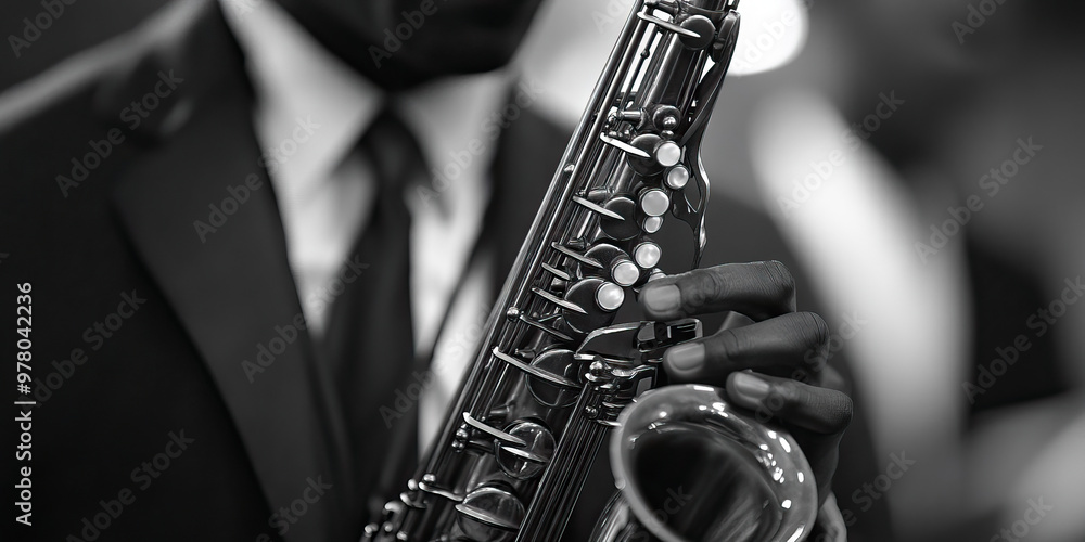 Obraz premium Jazzy Jive: A solo saxophonist improvising over a swinging rhythm section, their solos punctuated by cheers and applause.