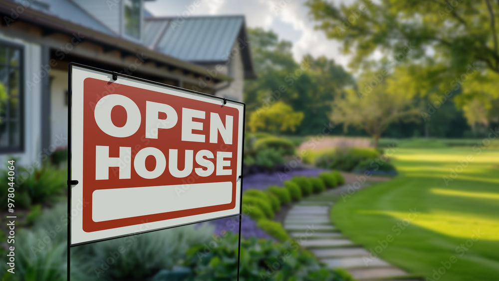 Open House Real Estate Yard Sign In Front of Beautiful House. Open House Real Estate Yard Sign In Front of Beautiful House.