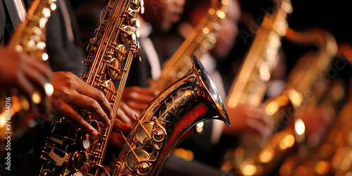 Jazzy Sway of Reeds: A group of soprano, alto, tenor, and baritone saxophones.