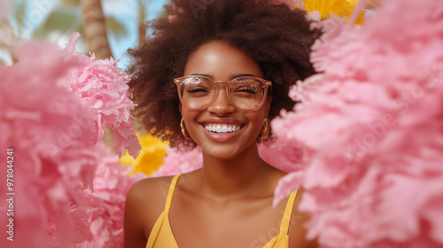 happy smiling woman of color with glasses in a stylish setting with pink decorations