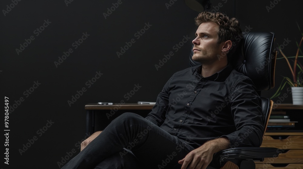 Thoughtful man seated in an office chair with dark decor Thoughtful man seated in an office chair with dark decor