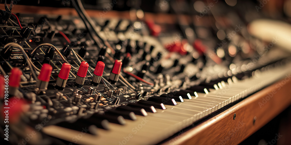 Fototapeta premium A bank of analog synthesizers, their knobs and cables waiting to create new textures.