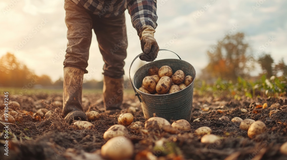 A farmer harvesting potatoes in a field. The photo shows the process of harvesting potatoes from the ground. A farmer harvesting potatoes in a field. The photo shows the process of harvesting potatoes from the ground.