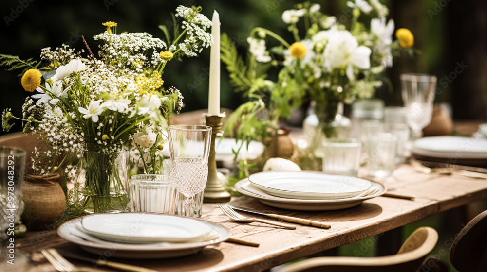 Fototapeta premium Table decor, holiday tablescape and dinner table setting in countryside garden, formal event decoration for wedding, family celebration, English country and home styling inspiration