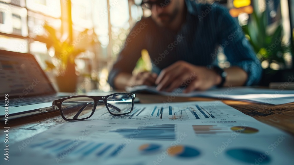Fototapeta premium Eyeglasses resting on financial charts and documents in an office