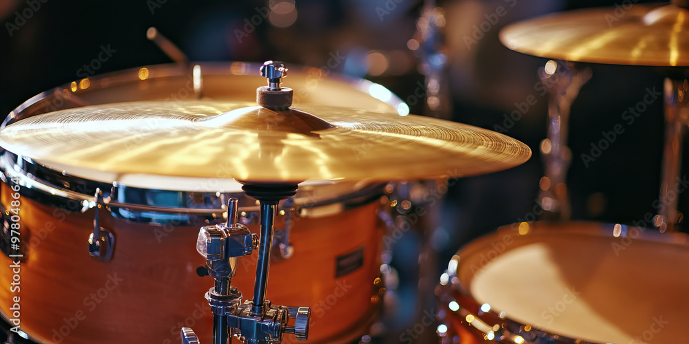 Drumkit Detail: A tight shot of a drumkit, highlighting the meticulous arrangement of drums and cymbals. Drumkit Detail: A tight shot of a drumkit, highlighting the meticulous arrangement of drums and cymbals.