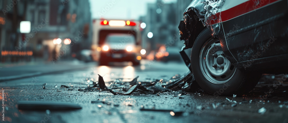 A car has crashed into the side of an ambulance. The scene is dark and ...