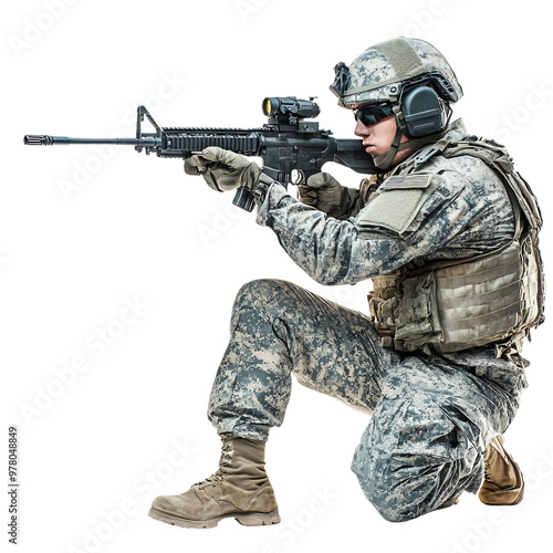 PNG Transparent Image of a soldier kneeling in tactical gear, aiming a rifle in a combat-ready stance with intense focus.