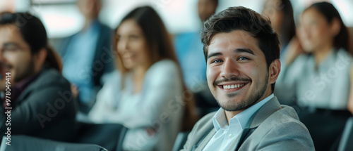 photo of a young, latin, happy businessman (22 years old) sitting listening to a business conference.