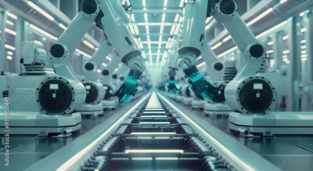 Industrial Robots in a Factory Setting with a Conveyor Belt Industrial Robots in a Factory Setting with a Conveyor Belt