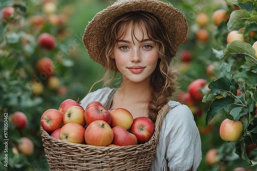 Photo of a cute girl standing in a garden, holding a wicker basket full of apples. Bright, natural setting with lush greenery and ripe fruit. 