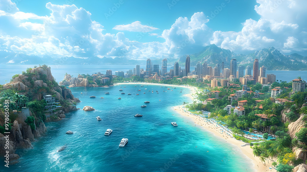 Obraz premium Coastal Cityscape with Mountains and Lush Tropical Vegetation - 3D Illustration
