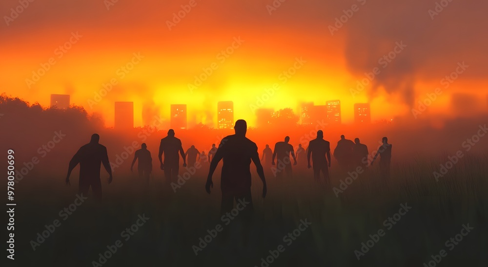 group of zombies in the sunset group of zombies in the sunset
