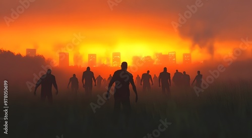 group of zombies in the sunset