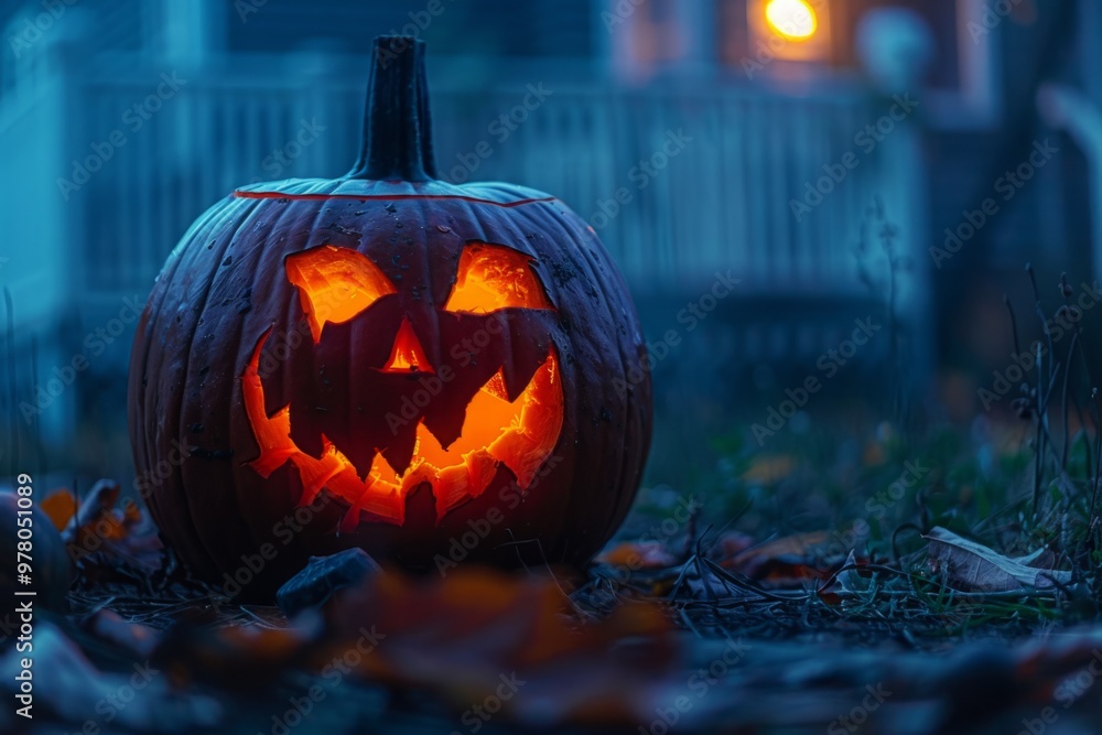 A pumpkin carved into a jack-o'-lantern, its glowing face illuminating the night, casting an eerie and festive glow A pumpkin carved into a jack-o'-lantern, its glowing face illuminating the night, casting an eerie and festive glow