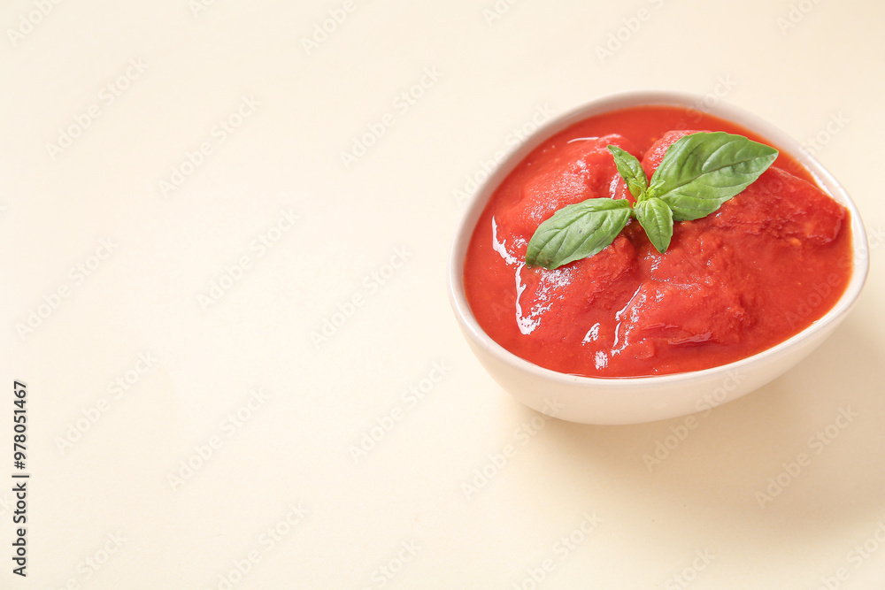 Bowl of tasty canned tomatoes with basil on color background Bowl of tasty canned tomatoes with basil on color background