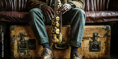 Jazzy Journey - A saxophonist sitting on a vintage suitcase, his instrument resting on a well-worn trunk, ready for his next musical adventure.