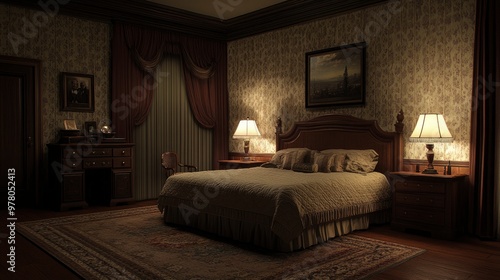 Bedroom with a queen-size bed, nightstand with a lamp, soft area rug, dim bedside lighting