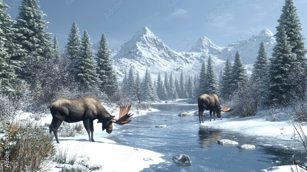 Boreal forest with tall conifers, moose grazing, snow patches on the ground, cold winter lighting