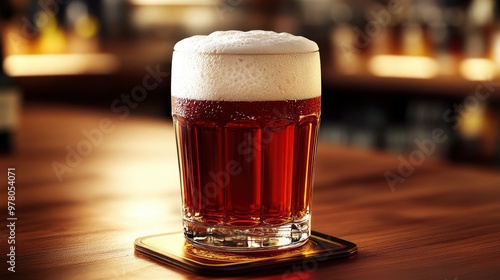 Cider in a pint glass, foam head on top, sitting on a coaster, warm pub lighting photo