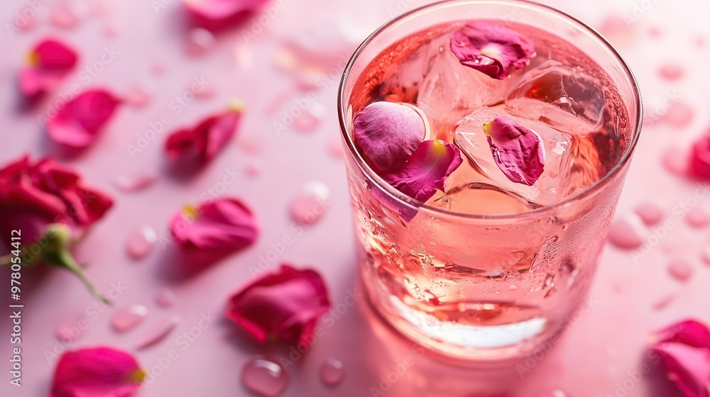 A glass filled with pink drink with rose petals