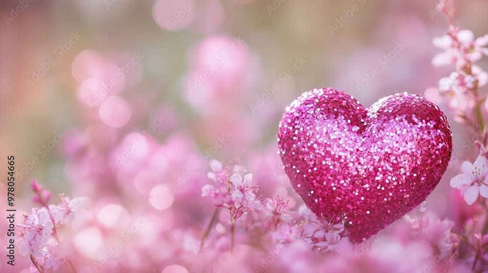 A sparkling heart nestled among pink flowers A sparkling heart nestled among pink flowers