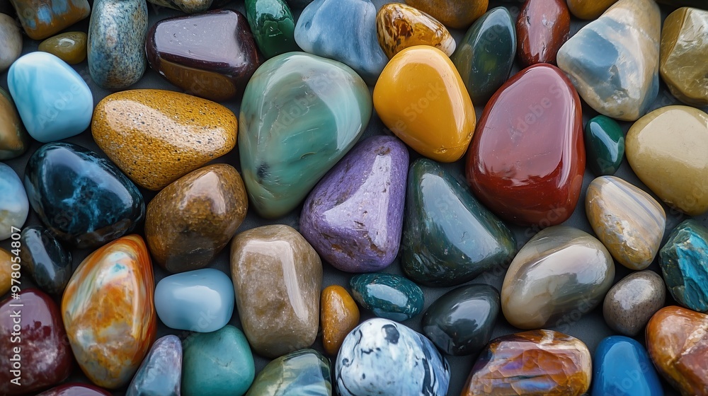 Colorful polished stones arranged on a flat surface Colorful polished stones arranged on a flat surface