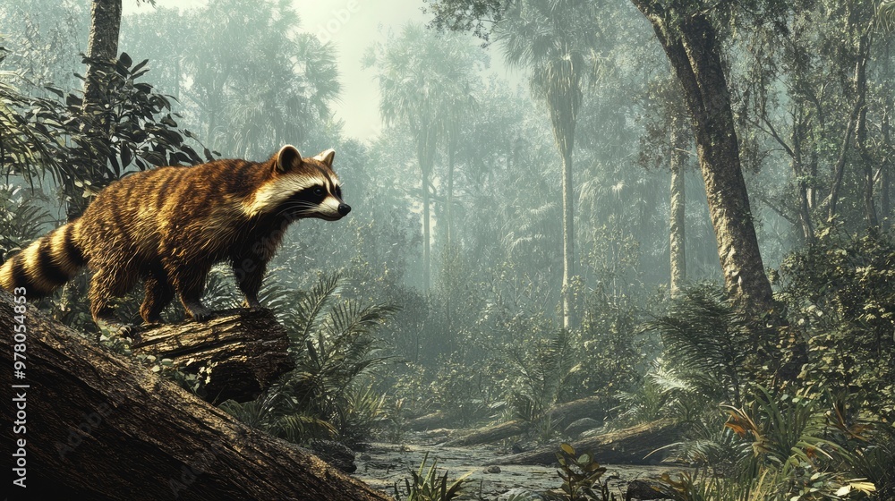 Coastal forest with dense undergrowth, raccoons scavenging, fallen logs, dim forest lighting Coastal forest with dense undergrowth, raccoons scavenging, fallen logs, dim forest lighting