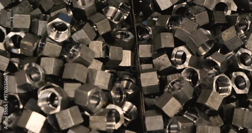 Slow motion of the hardware nuts in the box. Close-up of large pile of hardware nuts. Metal surfaces shining in the light. Mixed up hexagonal pieces.