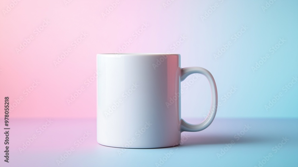 Single white coffee mug in front of pastel pink and blue Single white coffee mug in front of pastel pink and blue